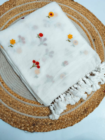 White Mul cotton saree with flower embroidery
