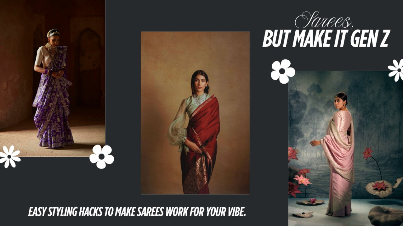 Young woman wearing a modern saree with trendy accessories, showcasing a fusion of traditional and contemporary fashion for Gen Z and Millennials.
