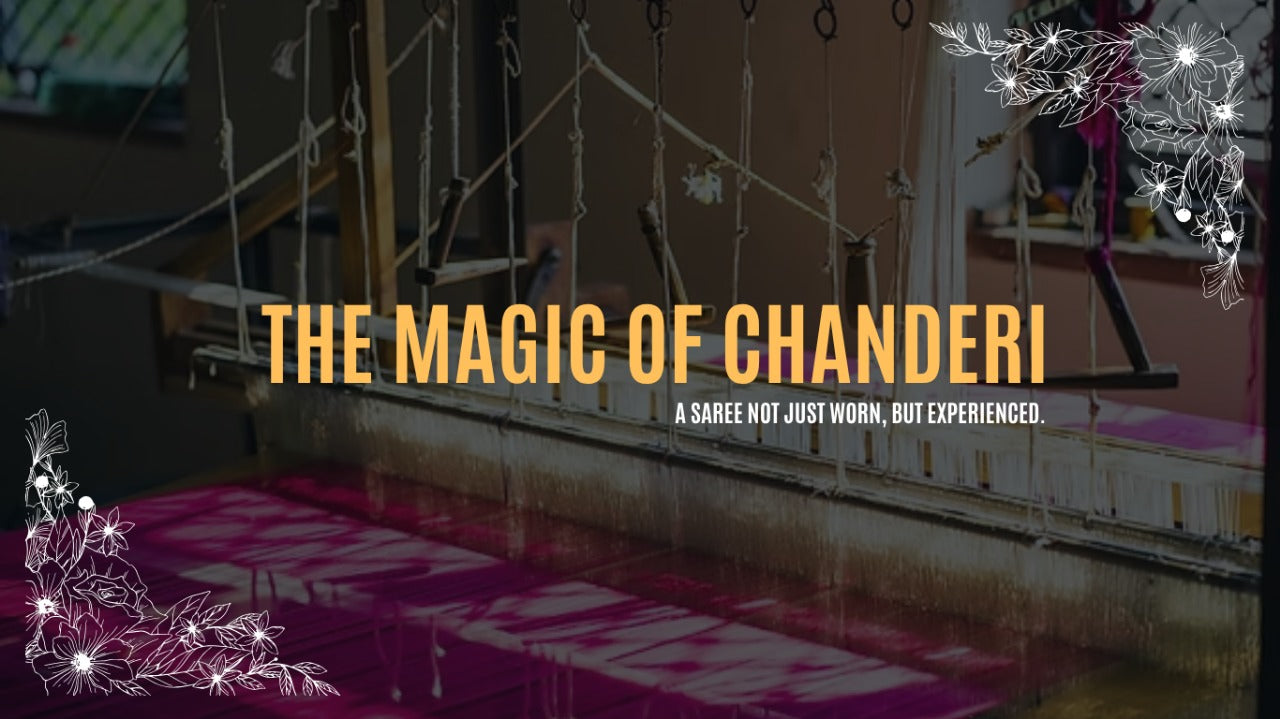 Artisan weaving a traditional Chanderi saree on a handloom using silk and cotton threads, showcasing intricate motifs and fine craftsmanship in Madhya Pradesh, India