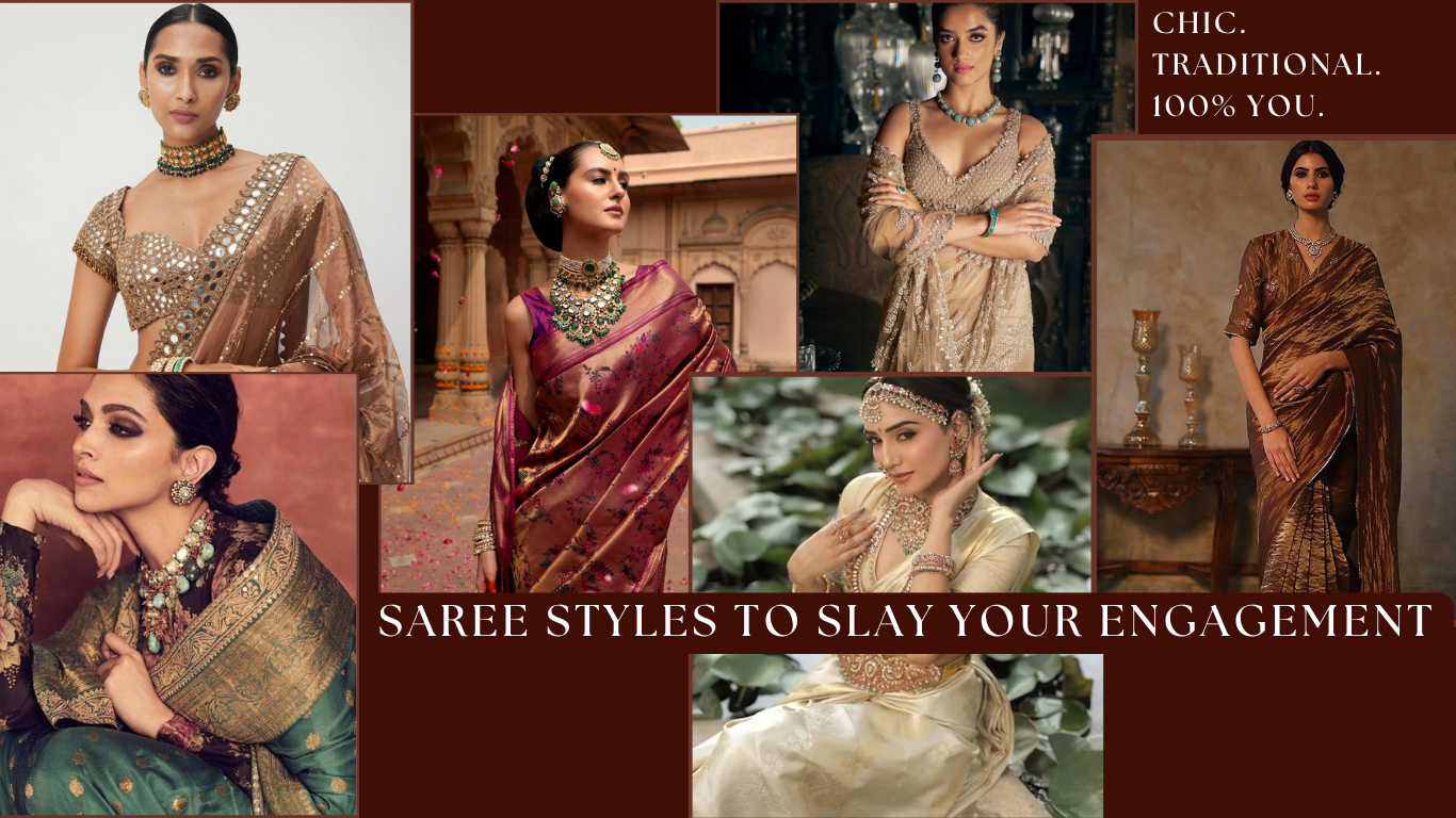 Bride wearing a designer silk saree with intricate embroidery, posing elegantly at her engagement ceremony in 2025.
