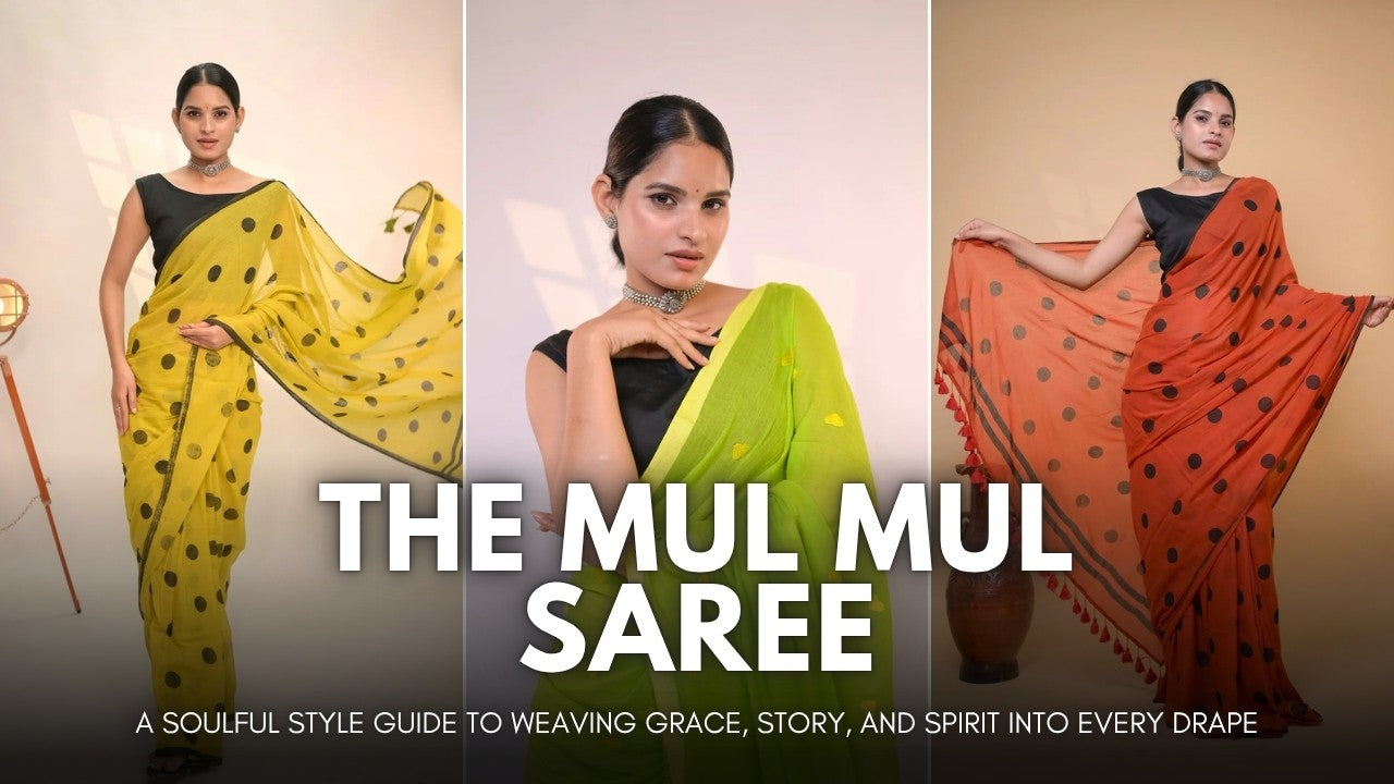 Woman in a Mul Mul saree with traditional jewelry, exuding elegance.
