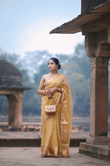 Yellow  pure crus tissue Silk Banarasi saree