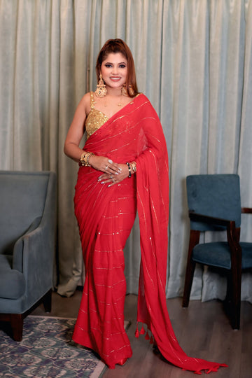"Chandni" Red Mullcotton saree sequence work all over