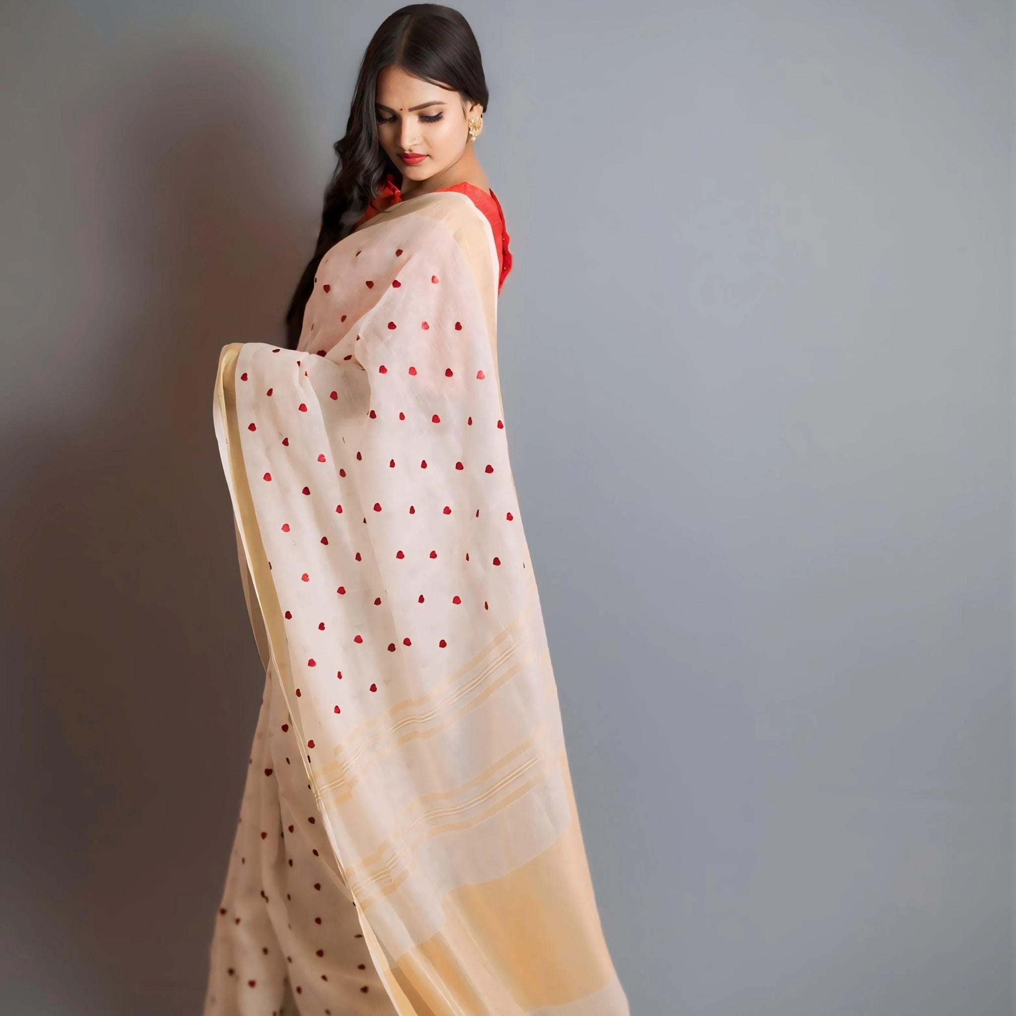 Beige Linen saree with Red Embroidery - first