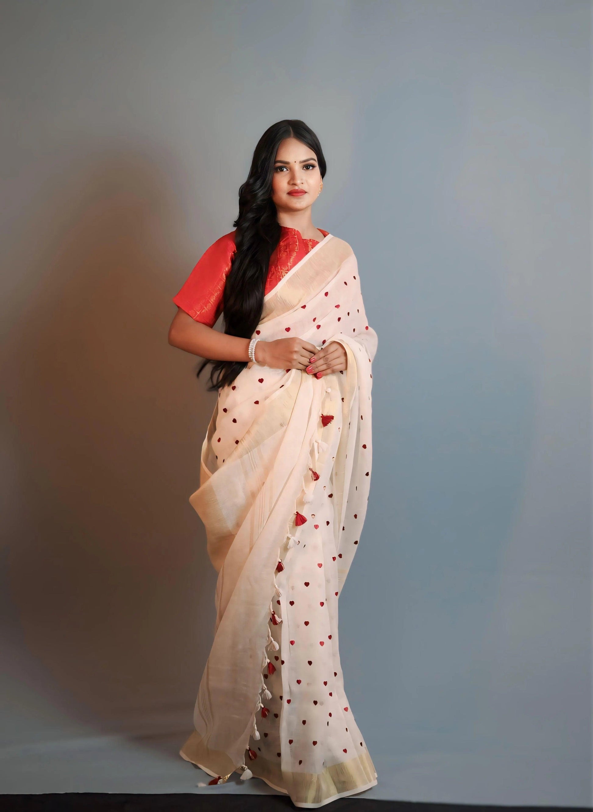 Beige Linen saree with Red Embroidery - second