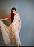 Beige Linen saree with Red Embroidery - third