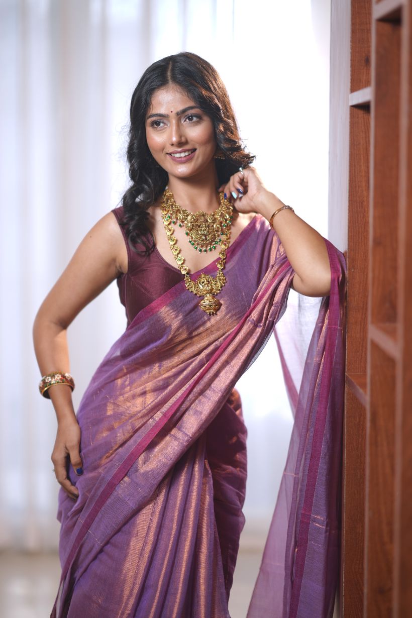 Amba | Metallic Pink handwoven tissue saree with solid Border