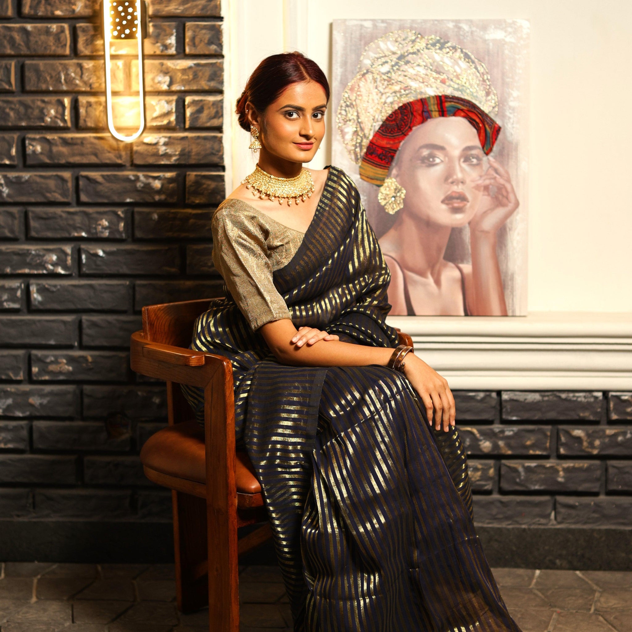 "Saujanya" Navy Blue Tissue strip saree
