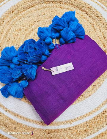Purple Mul cotton saree with big pompom hanging