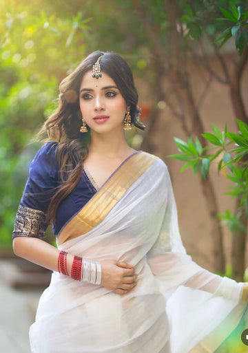 "Lavanya" White-blue Handloom Mul cotton saree