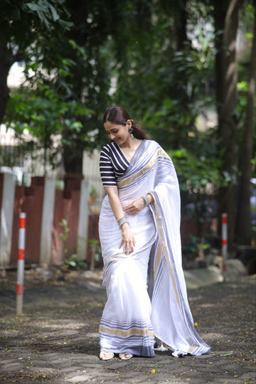 "Vaanya" White Black Mul cotton saree with Zari border